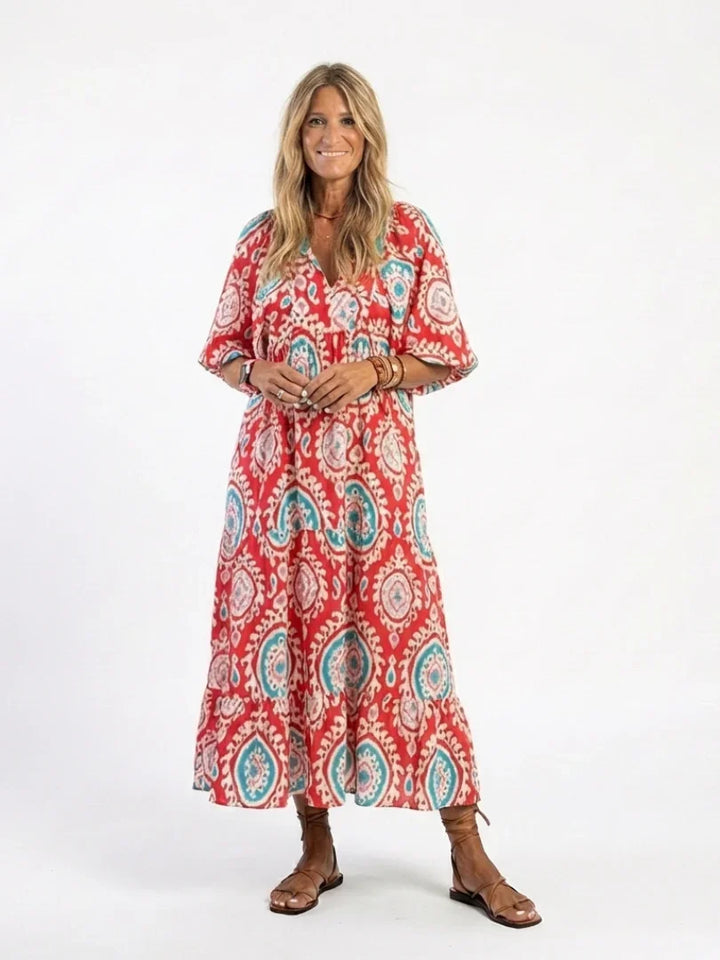 Zaria | Paisley Print V Neck Short Sleeve Midi Dress