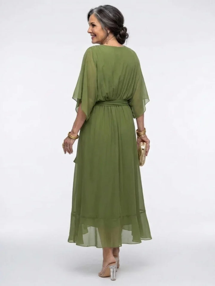 Elysia | V Neck Draped Waist Tie Midi Dress