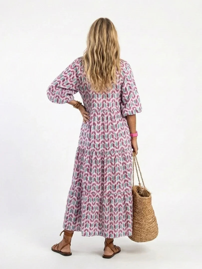 Mireya | Geometric Print Long Sleeve Tiered Midi Dress