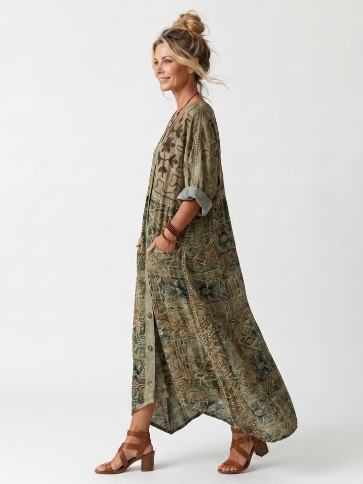 Aleta | Button Front Embroidered Oversized Pocket Midi Dress