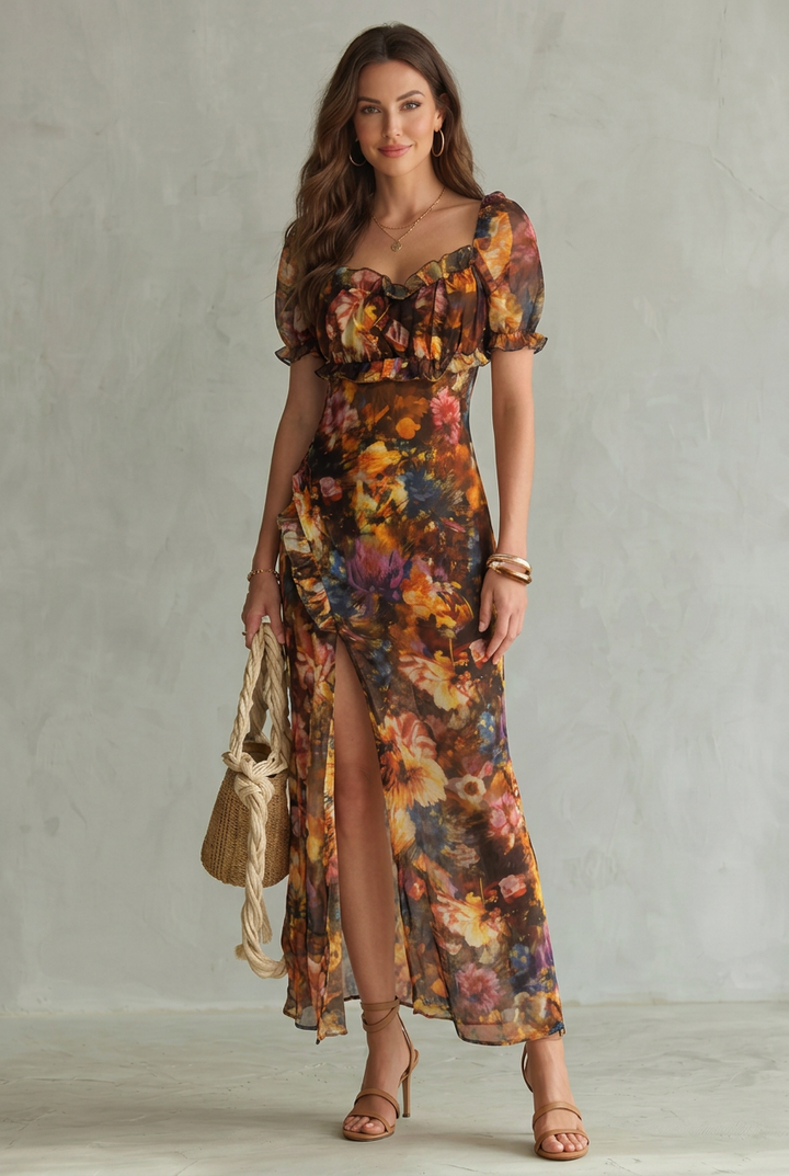 Ciel | Ruffled Sleeve Ruched Slit Midi Dress