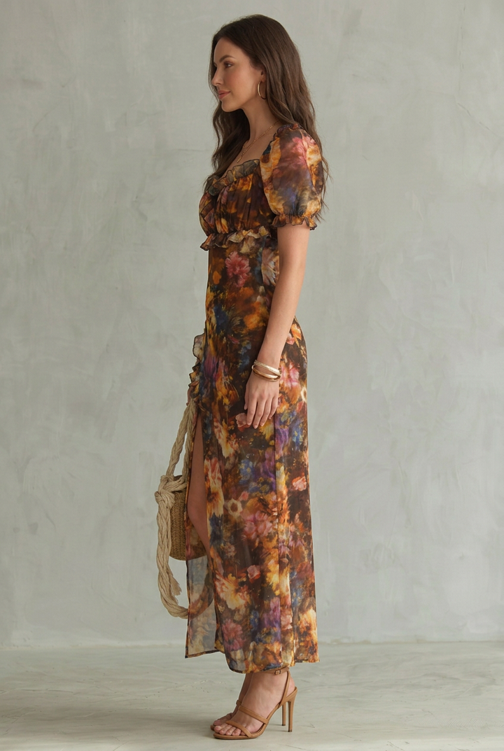Ciel | Ruffled Sleeve Ruched Slit Midi Dress