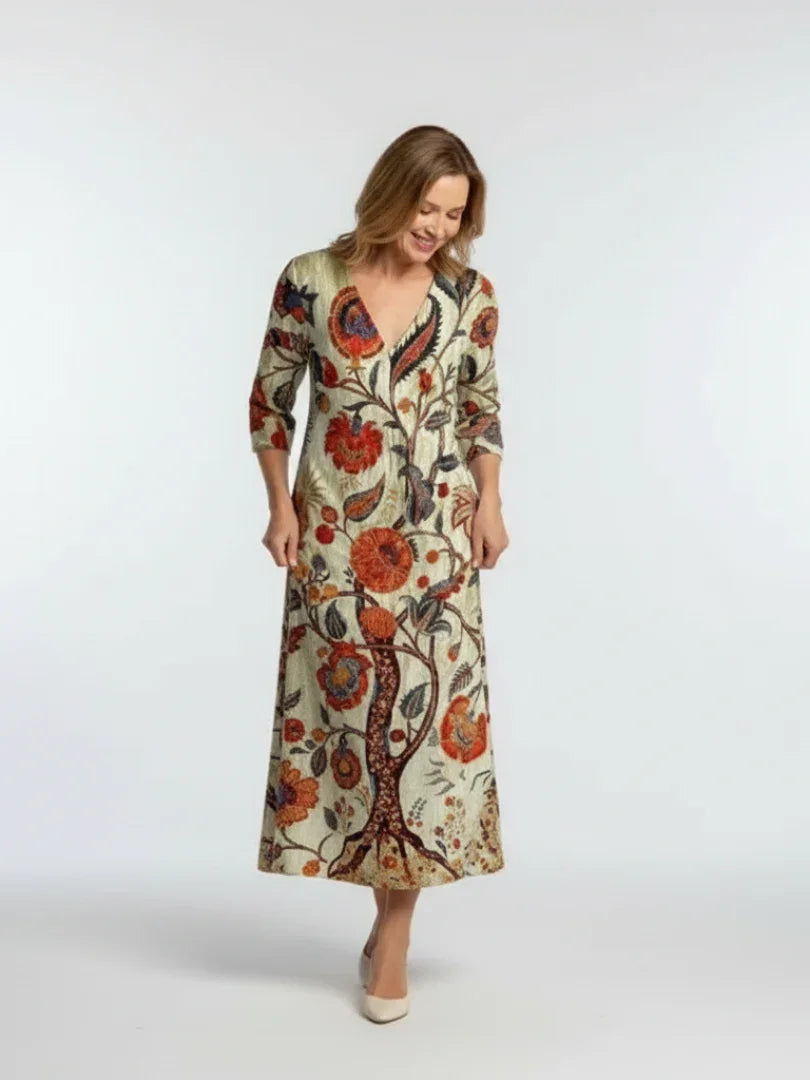 Corisande | V Neck Long Sleeve Floral Midi Dress