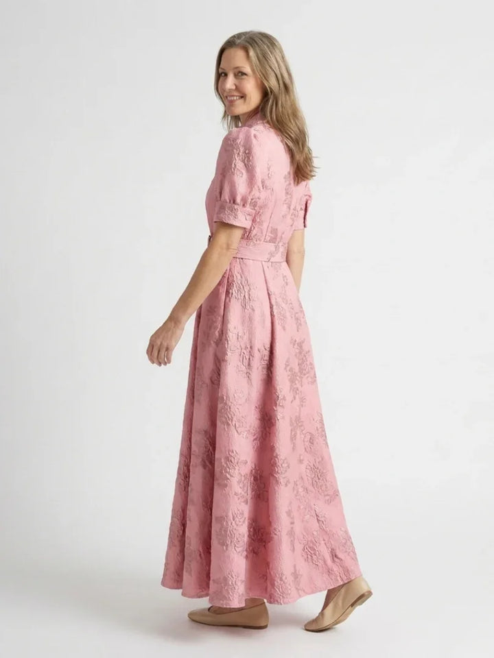 Xanthea | Short Sleeve Belted Floral Textured Maxi Shirt Dress