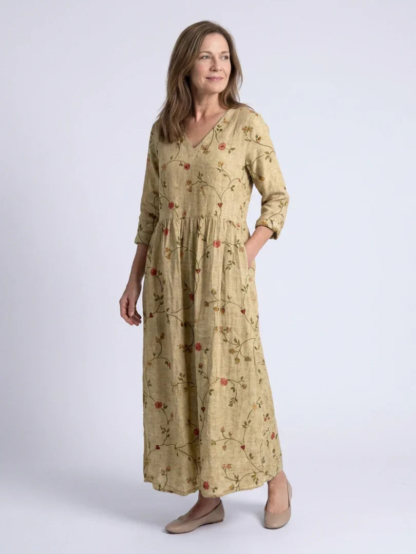 Marina | Floral V Neck Three Quarter Sleeve Maxi Dress