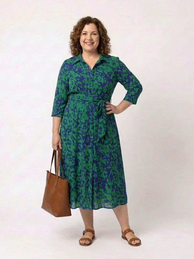 Oriana | Collared Long Sleeve Waist Tie Midi Dress