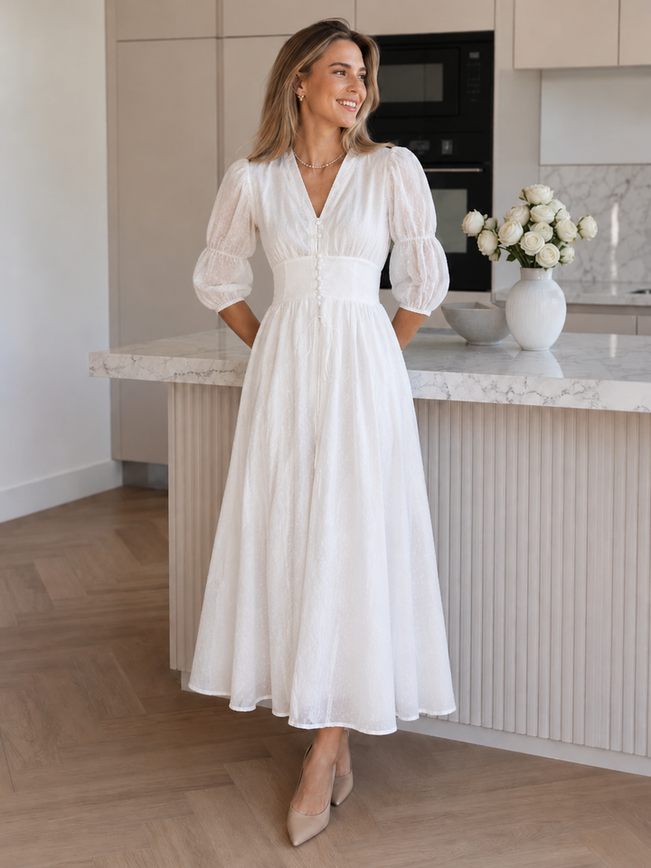 Okea | Short Puff Sleeve Waist Tie Midi Dress
