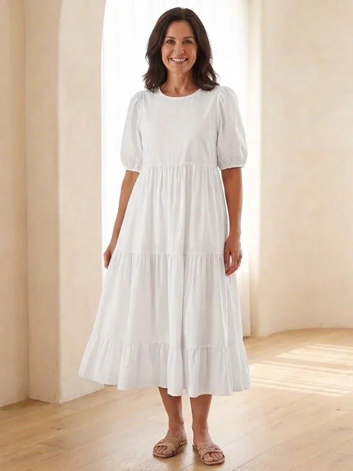Brina | Round Neck Puff Sleeve Tiered Midi Dress