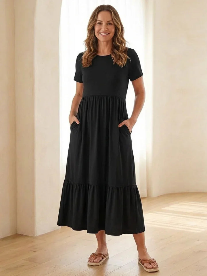 Nerissa | Round Neck Short Sleeve Tiered Midi Dress