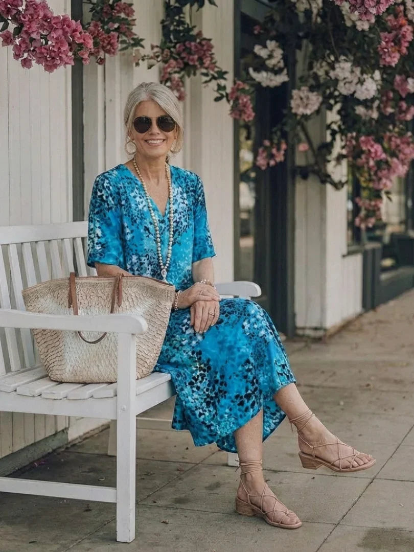 Althea | Short Sleeve V Neck Printed Midi Dress