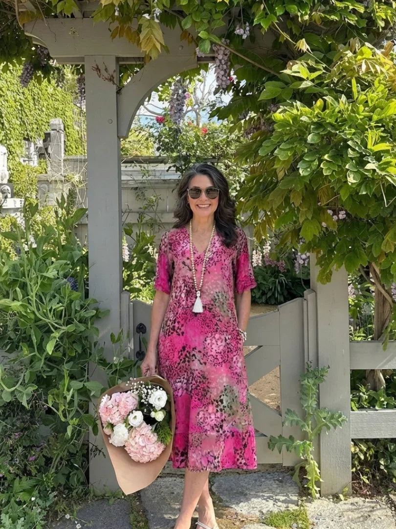 Althea | Short Sleeve V Neck Printed Midi Dress