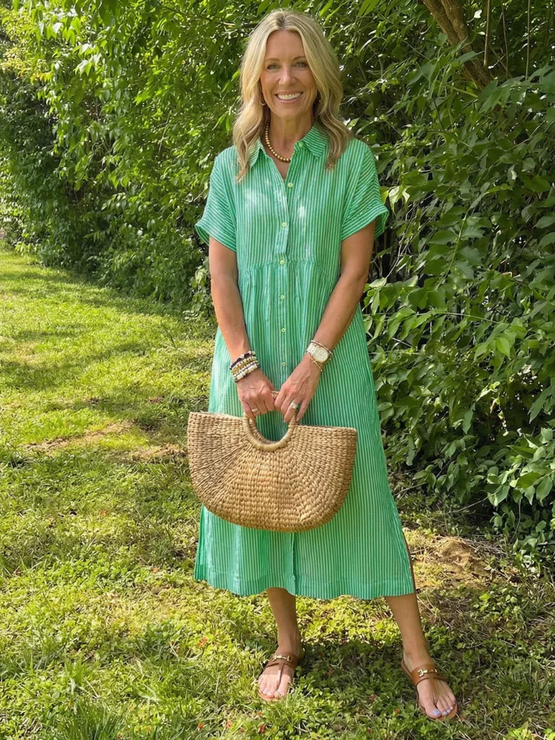 Olivienne | Short Sleeve Button Front Striped Midi Dress