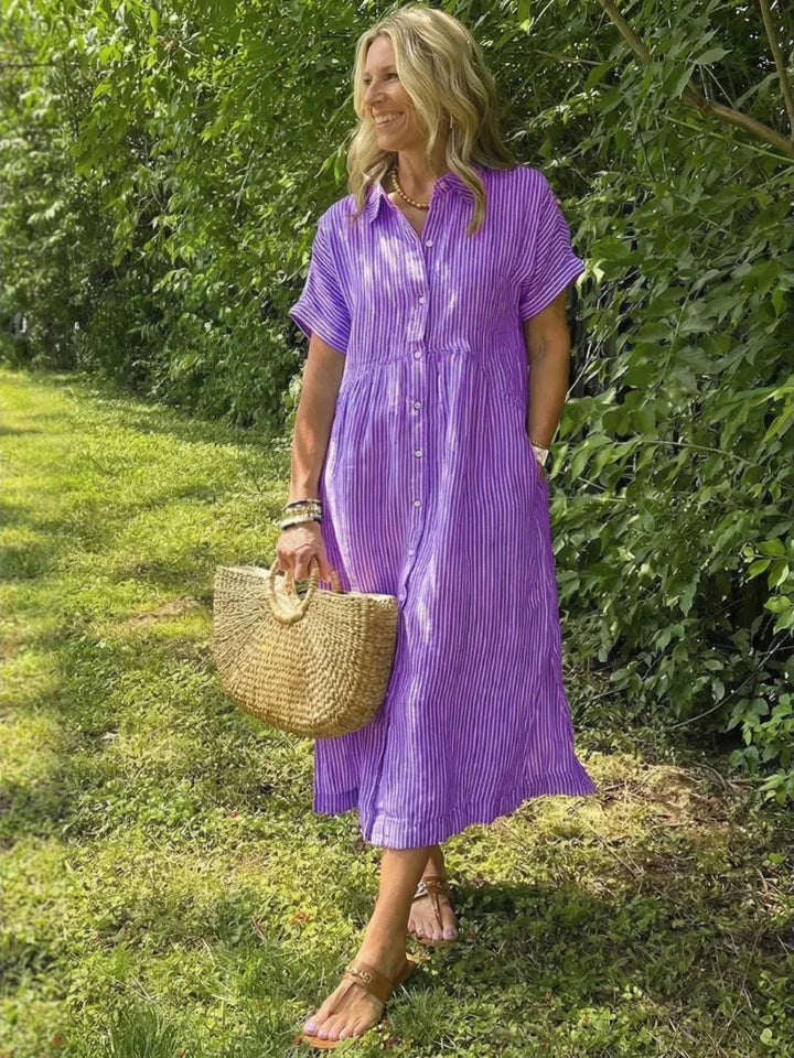 Olivienne | Short Sleeve Button Front Striped Midi Dress