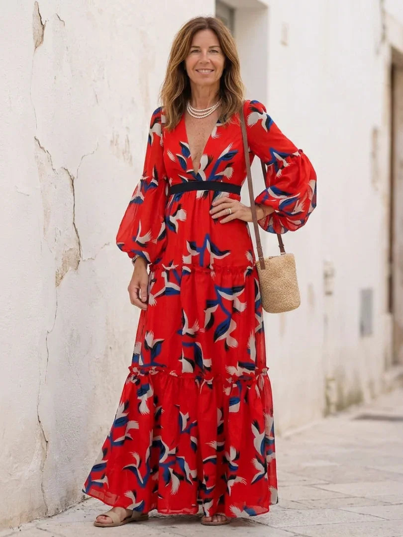 Isolde | V Neck Tie Waist Long Sleeve Maxi Dress