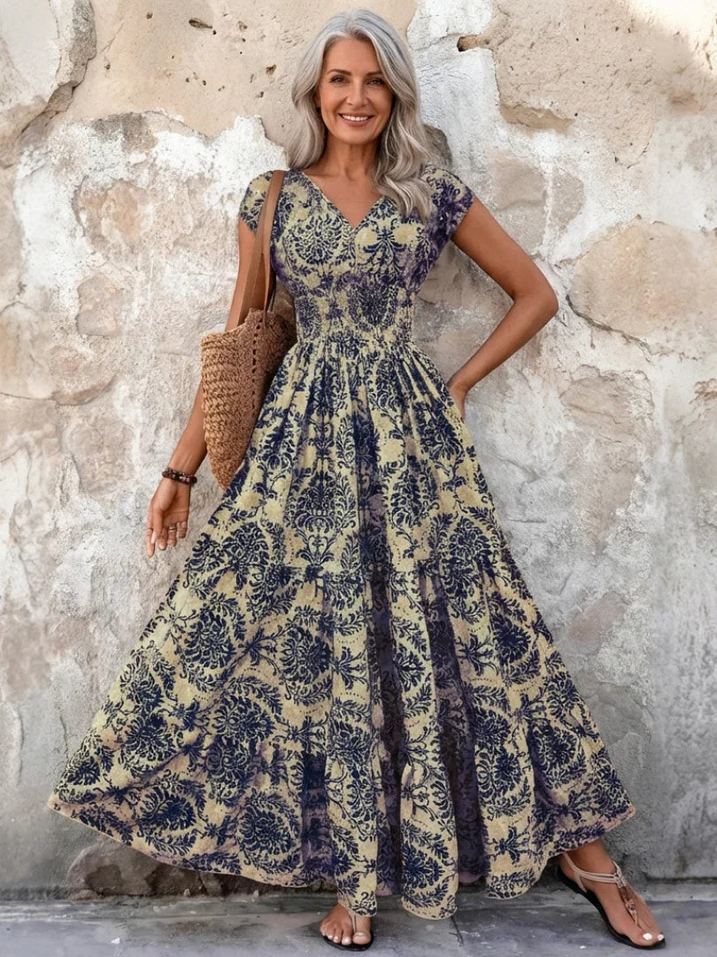 Vivienne | Cap Sleeve V Neck Bohemian Maxi Dress